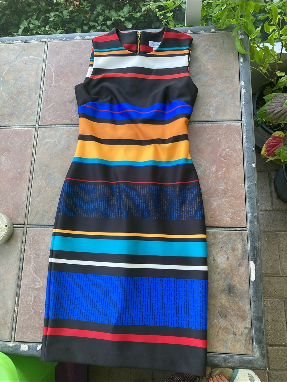 NWOT Calvin Klein Black Sheath Dress with Blue, Teal & Gold Stripes